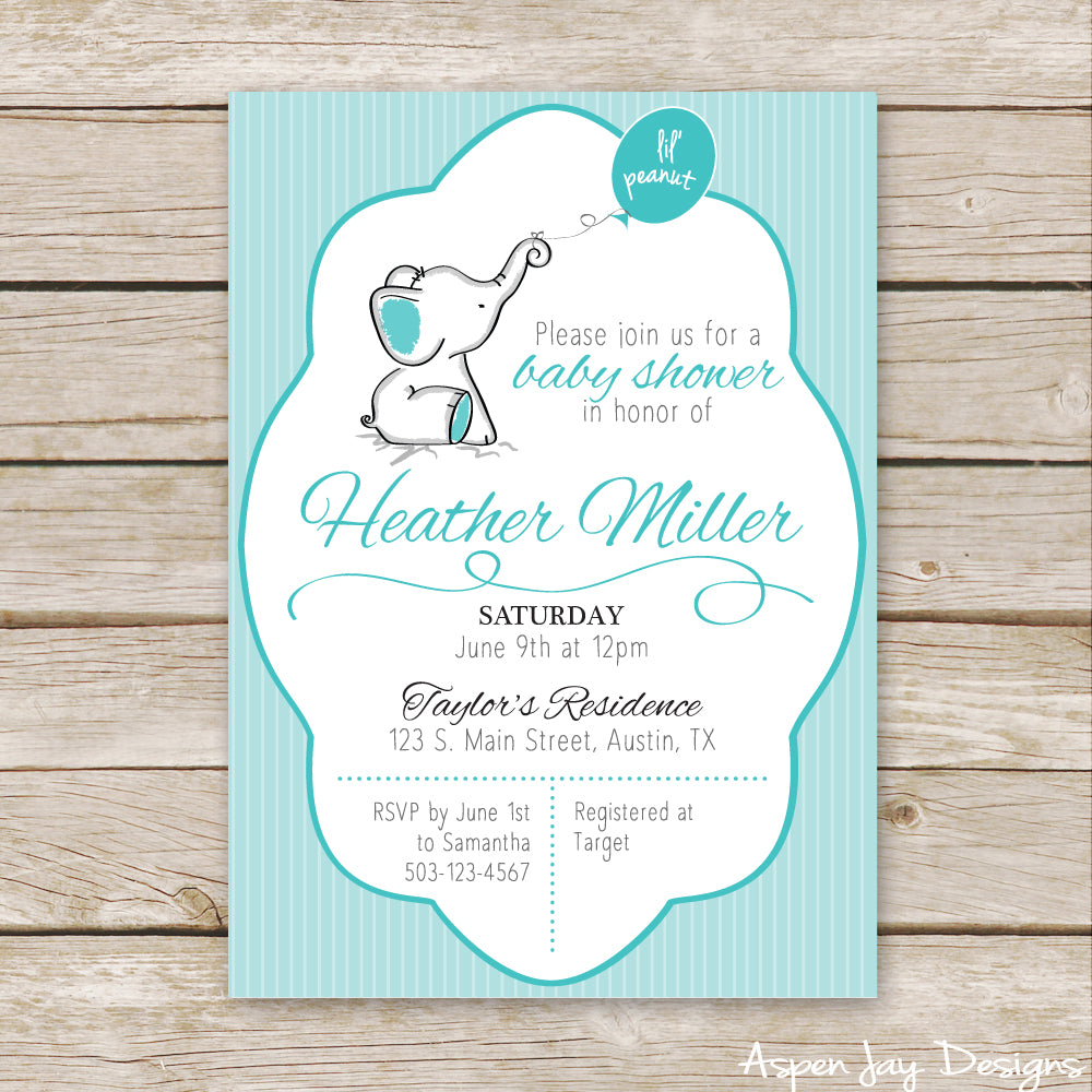 Turquoise Elephant Baby Shower Invites