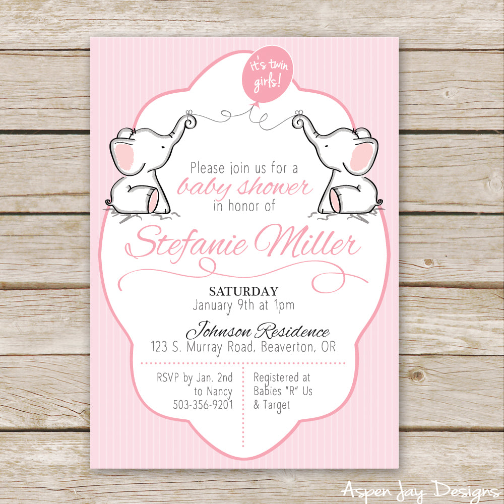 Twin Pink Elephant Baby Shower Invites