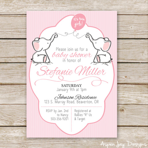 Twin Pink Elephant Baby Shower Invites