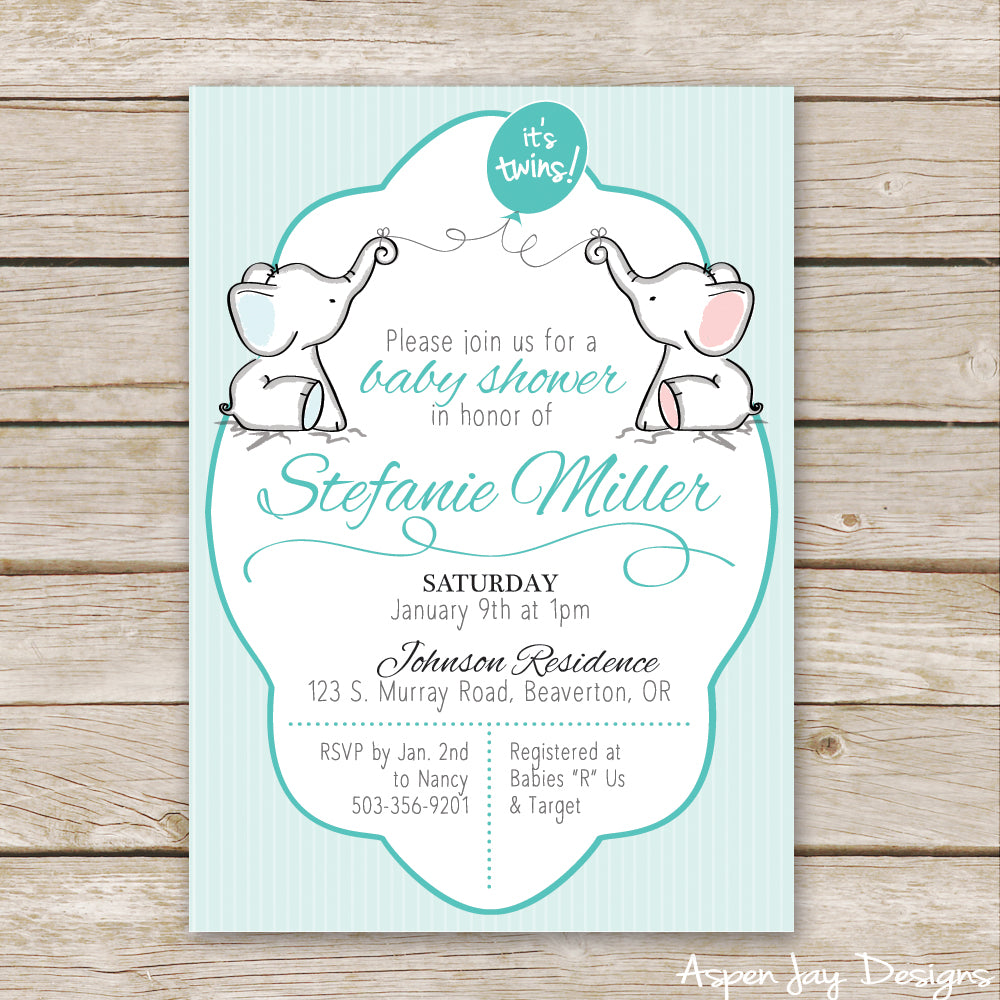 Twin Pink and Blue Elephant Baby Shower Invites