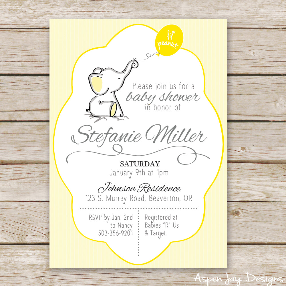 Yellow Elephant Baby Shower Invites